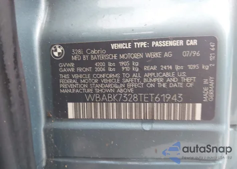 1996 BMW 328 Ic из США, поврежденный, VIN WBABK7328TET61943